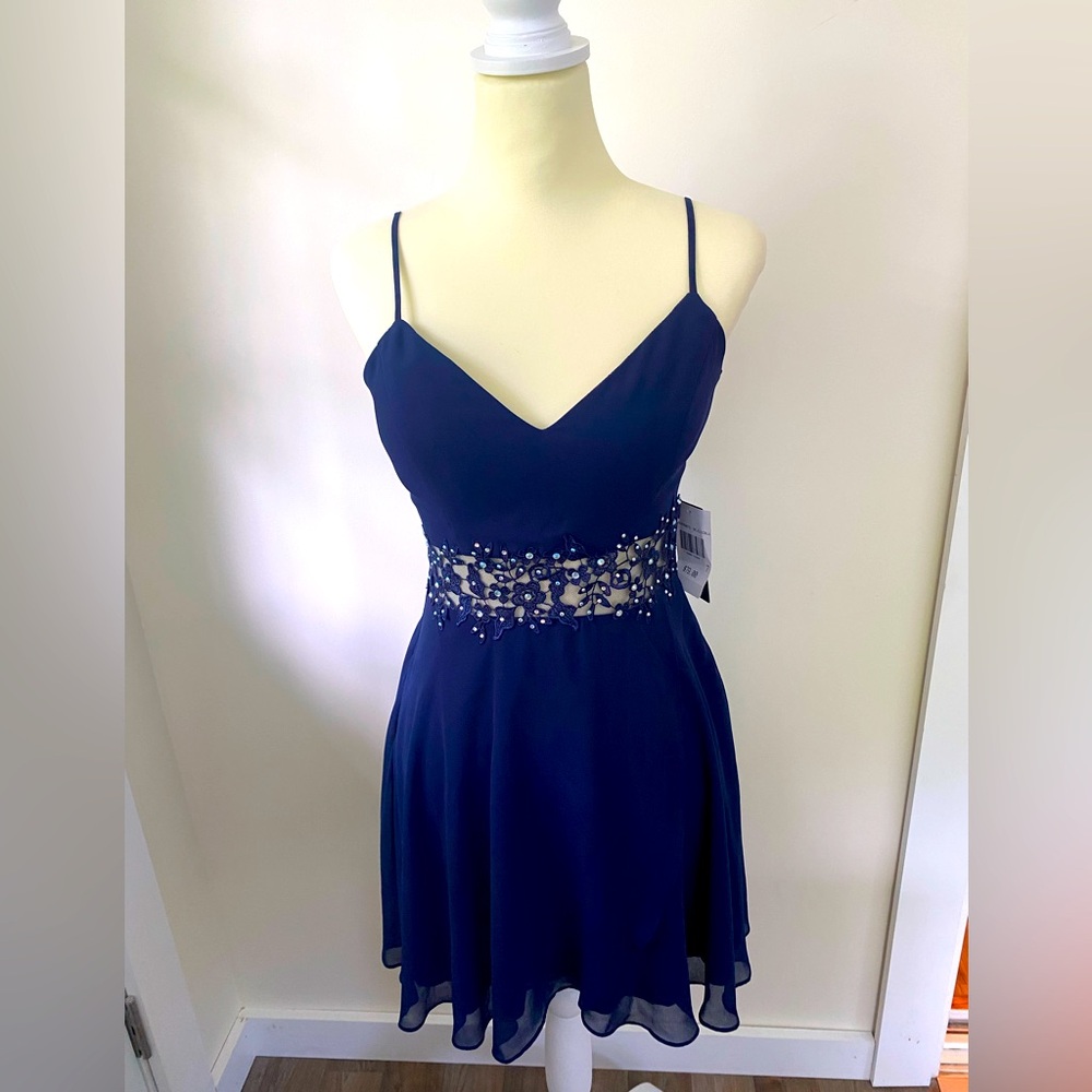 Elegant Navy Blue Dress with Crystal Waist